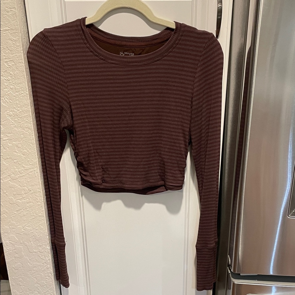 aerie Long Sleeve Cropped Ribbed Top in Deep Brown Stripe